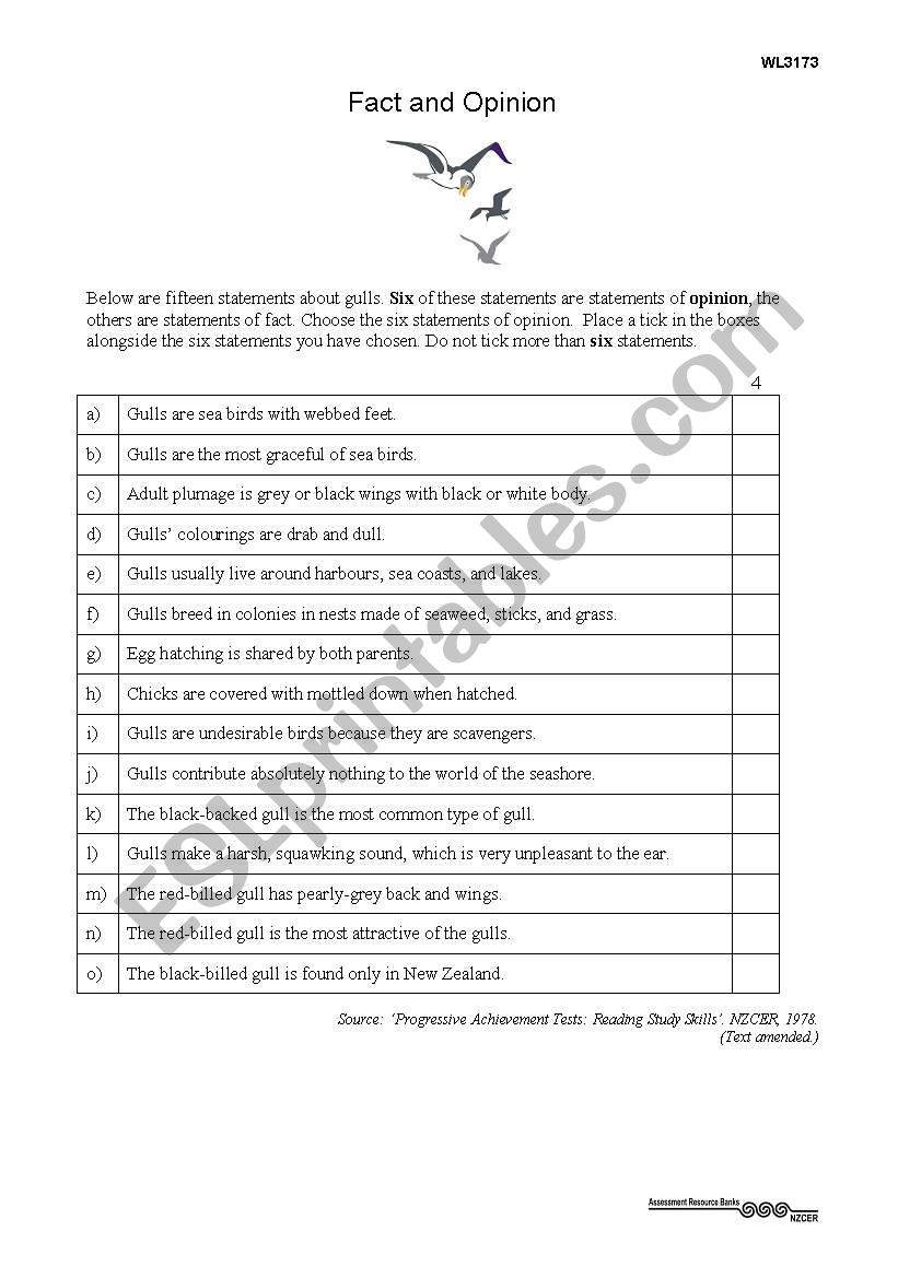 Fact or Opinion worksheet