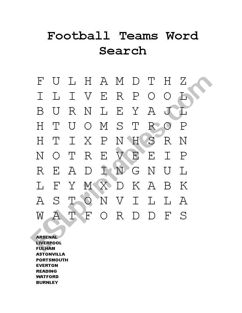 english worksheets english football teams word search
