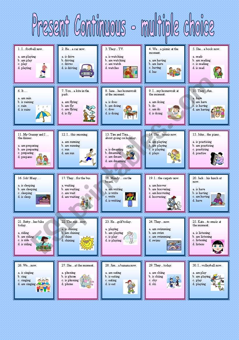 Present Continuous - multiple choice (30 sentences with 4 options) + B&W + key