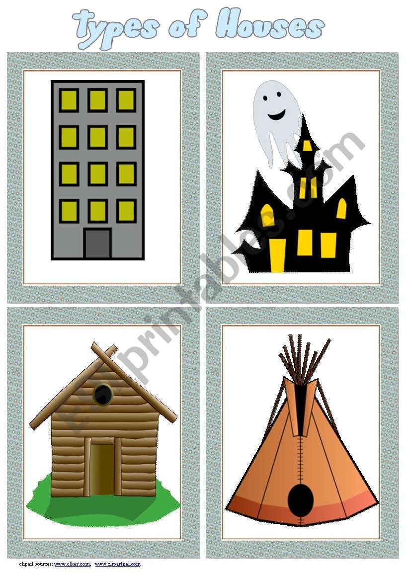 Types of Houses Flashcards set 2 # 9 cards # list of houses # fully editable