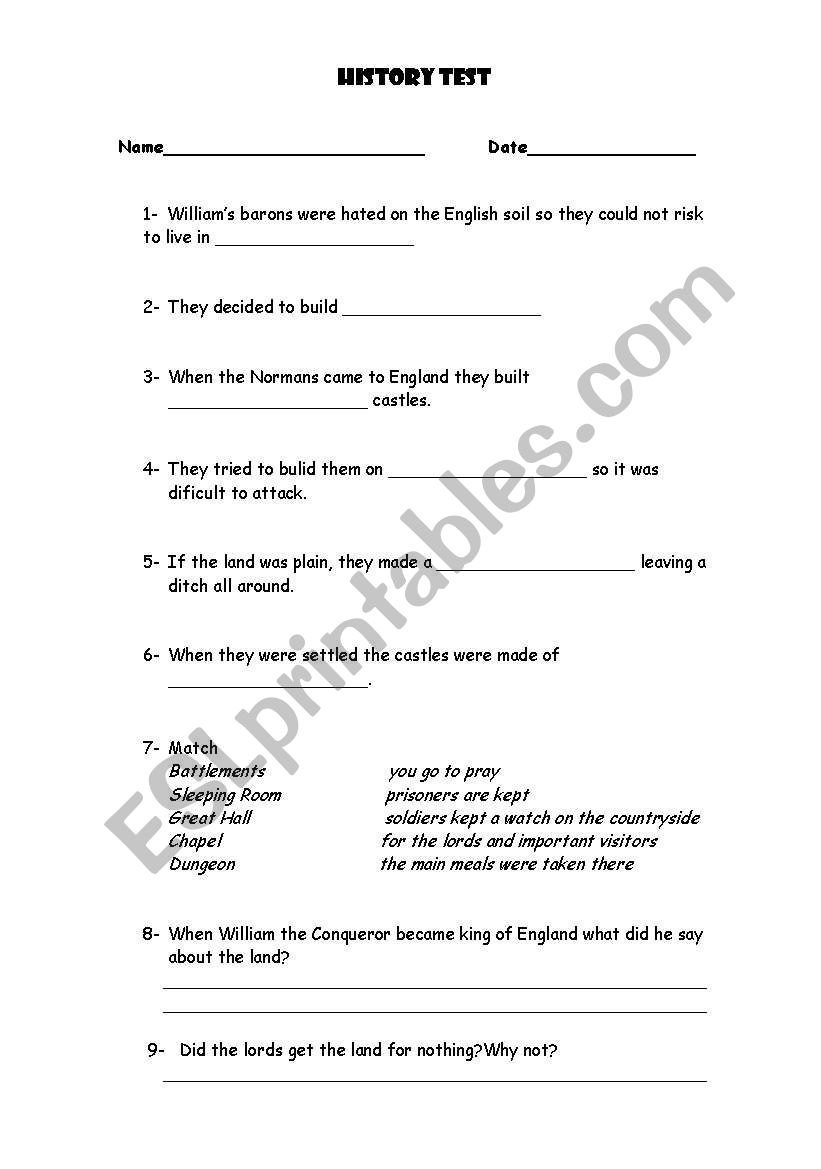 History test- William the Conqueror, castles, doomsday book