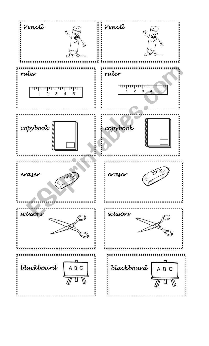 memory game  school materials worksheet