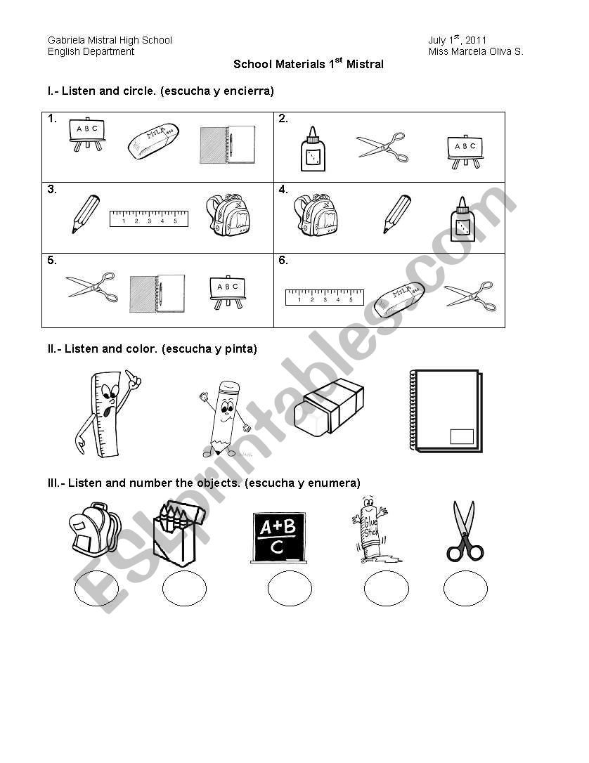 school materials worksheet