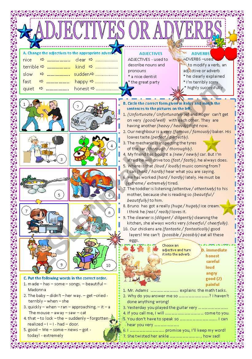 adjectives or adverbs + key worksheet