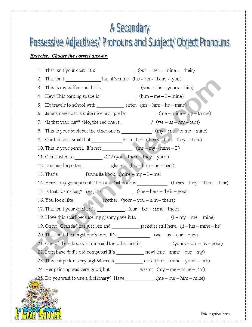 Subject Object Possessive Reflexive Pronouns Exercises