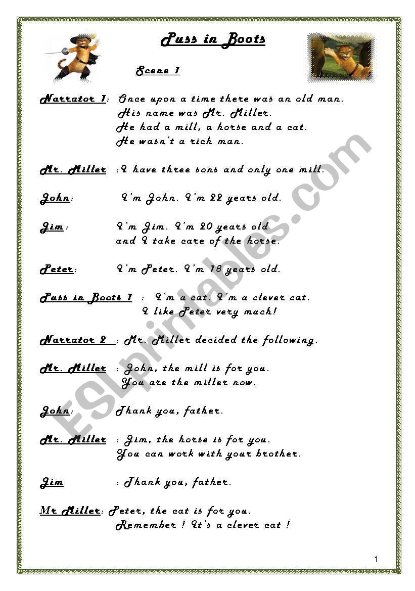 Puss in Boots script part 1 worksheet