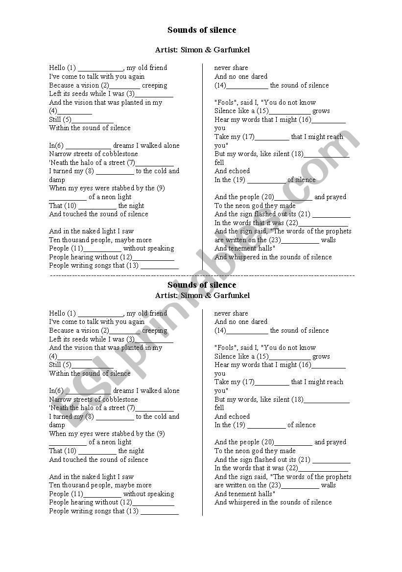 Song : sound of silence  worksheet
