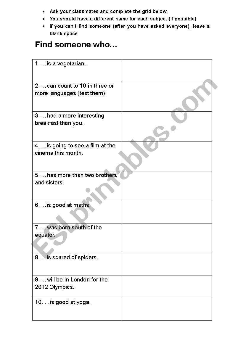 FindSomeoneWho Warmer worksheet