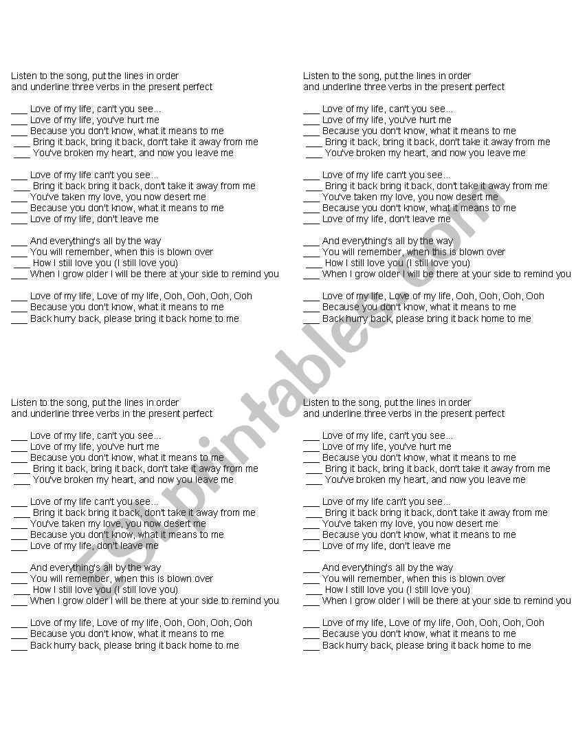 Love of my life by Queen worksheet
