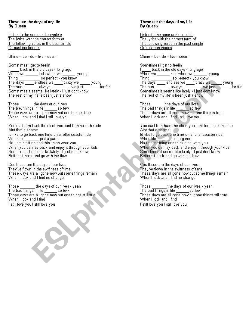 English Worksheets These Are The Days Of Our Lives By Queen