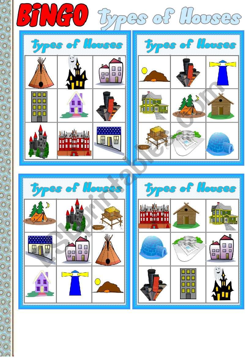 Types of Houses Part 4 # BINGO Game # 10 cards # Instructions # Fully editable