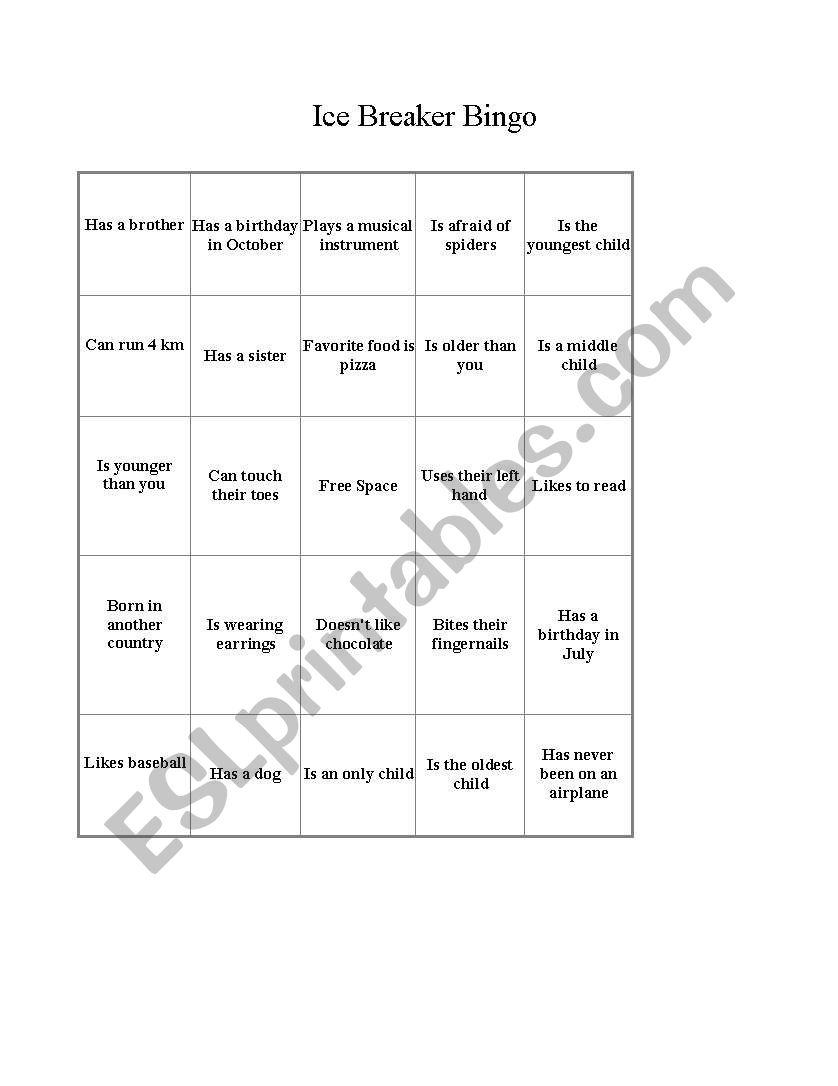 Ice Breaker Bingo worksheet