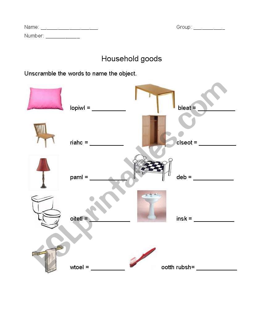 Household goods worksheet