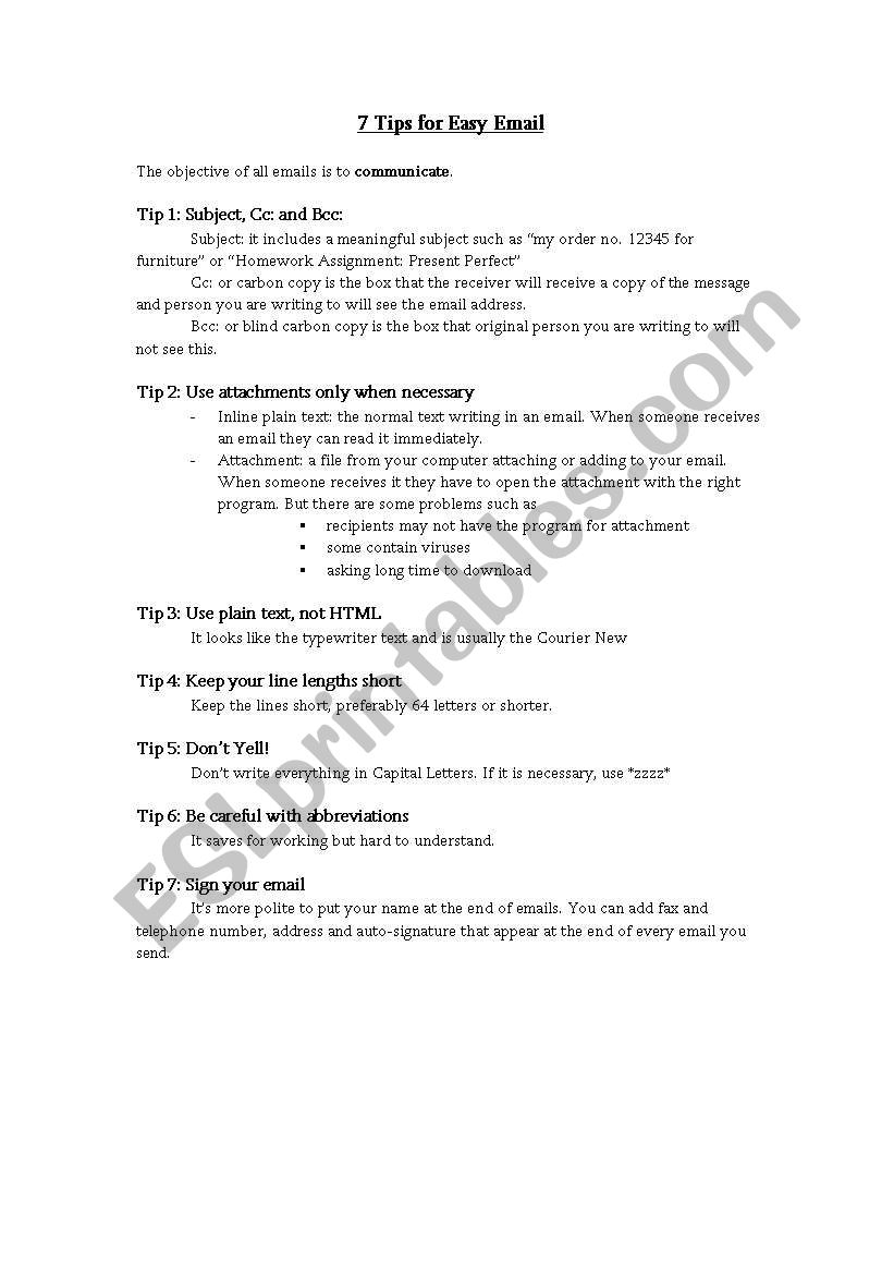 7 tips email worksheet