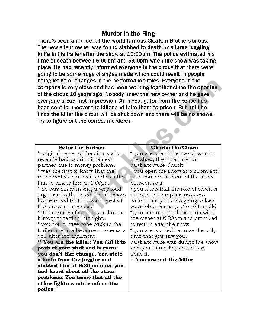 Murder Mystery worksheet