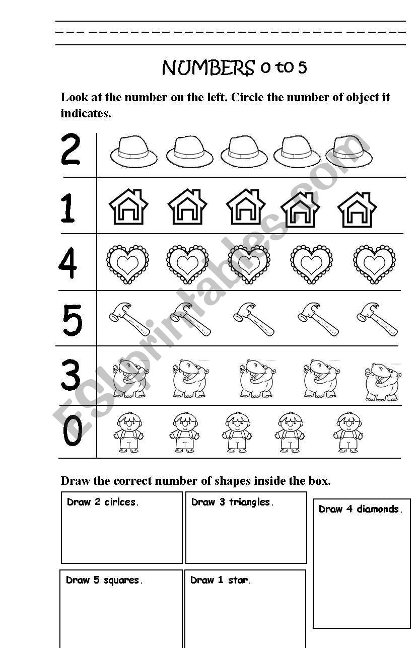 Numbers 0 to 5 worksheet