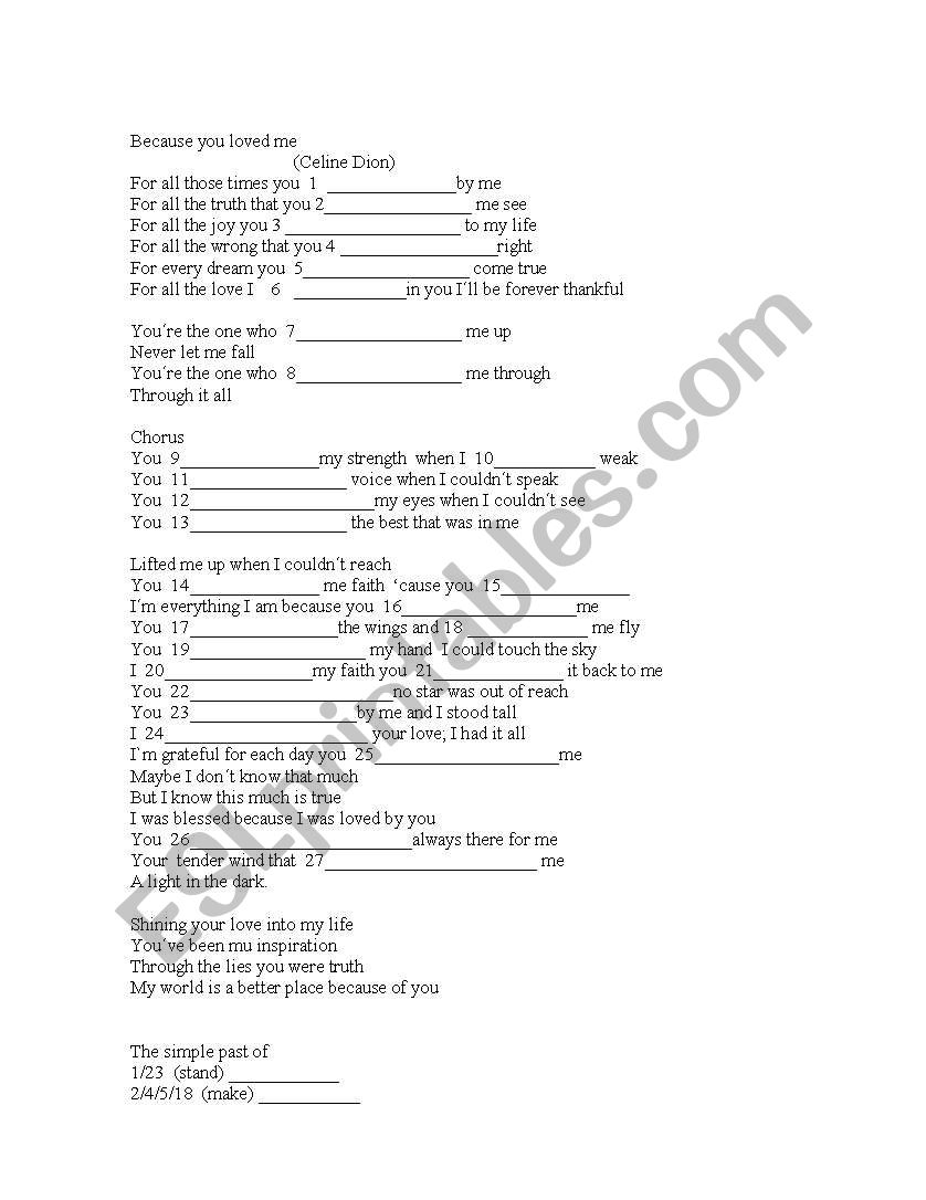 Because you loved me -song worksheet