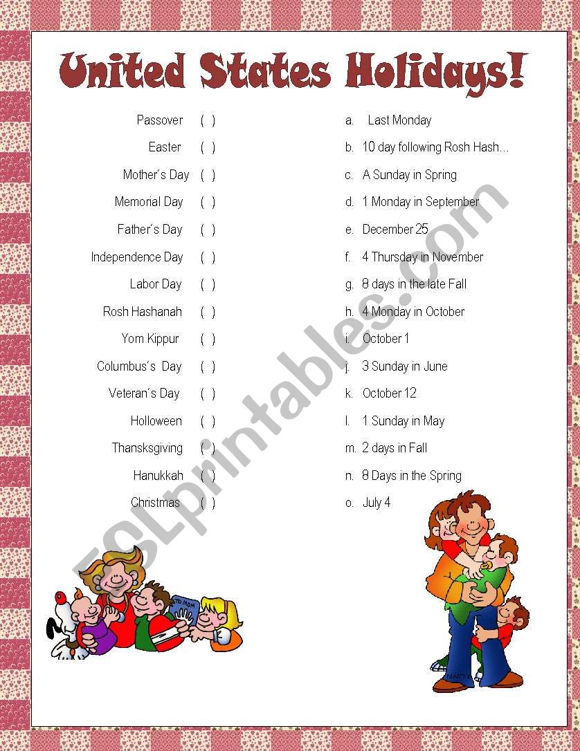 holidays in usa worksheet