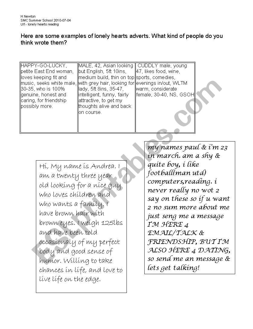 Lonely Hearts worksheet