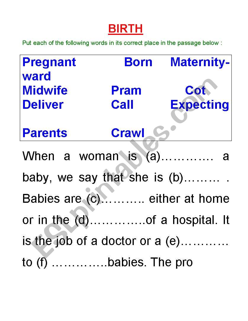 birth/death vocab worksheet