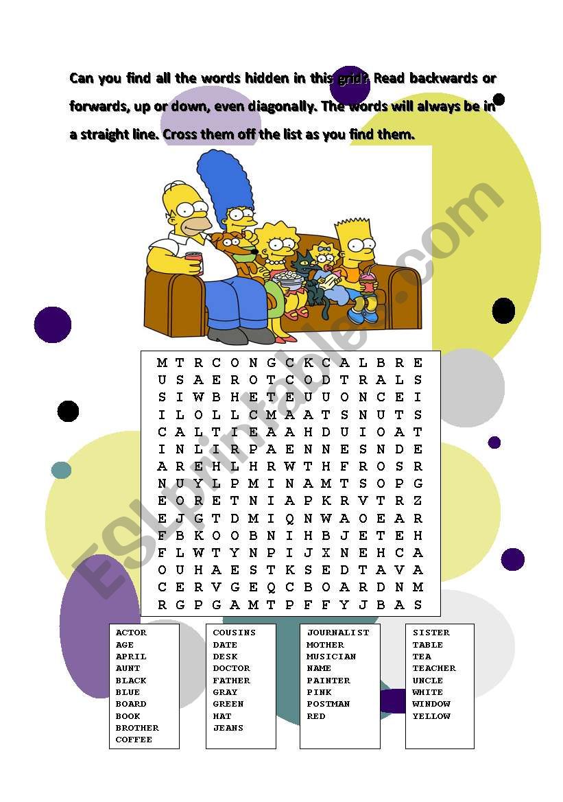 The Simspons hidden words worksheet