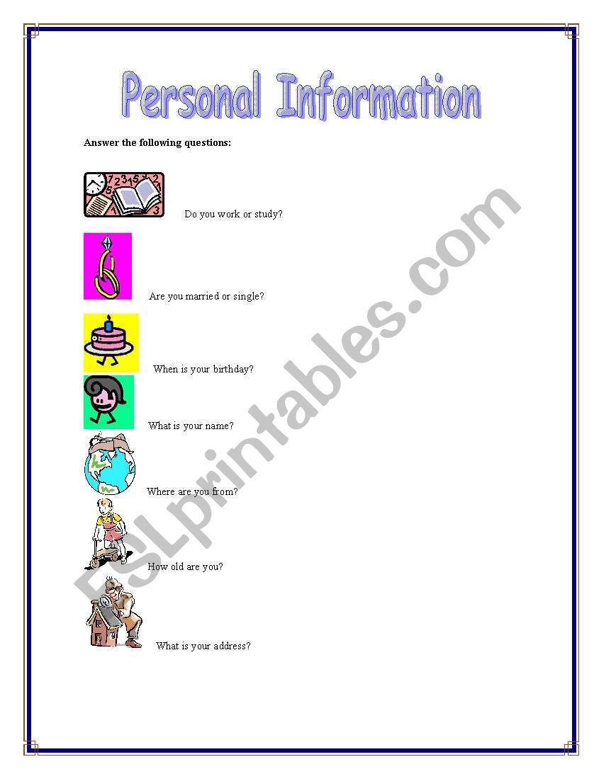 Personal Information worksheet