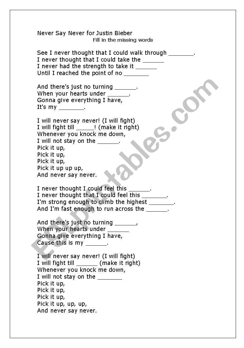 Never Say Never Song  worksheet