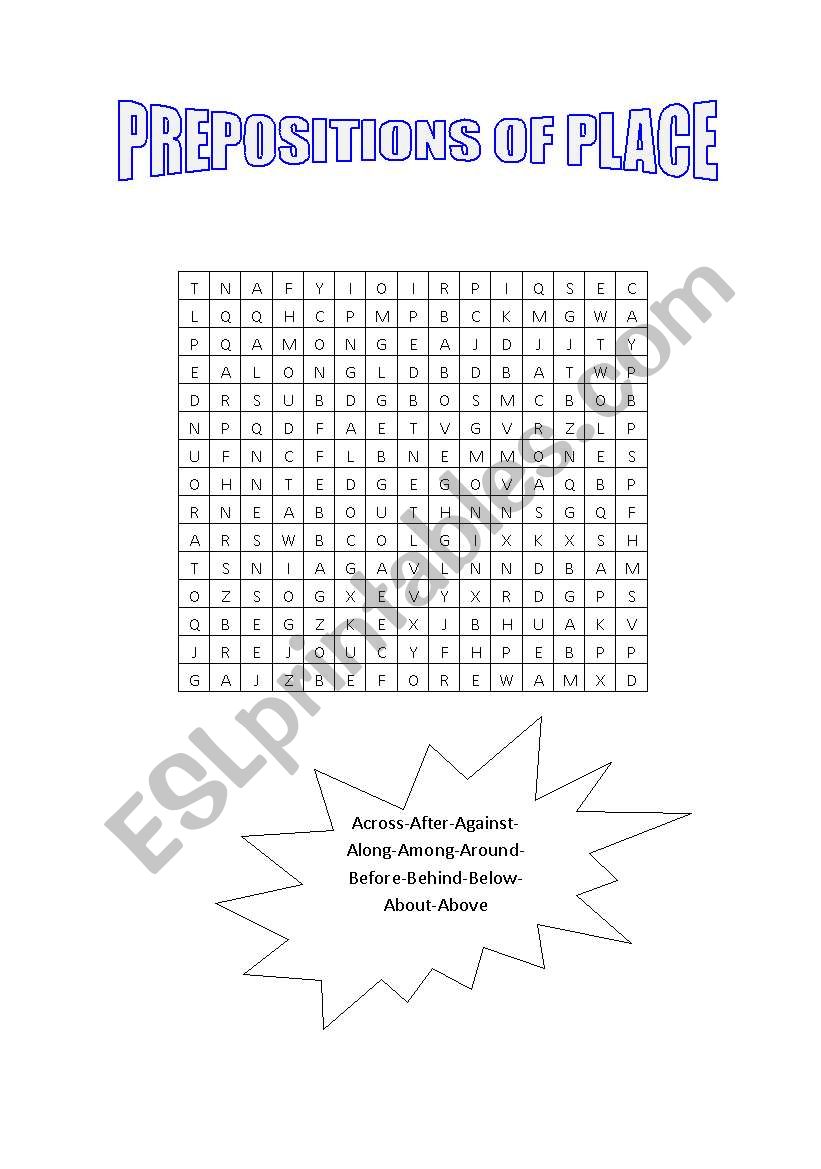 Prepositions of place wordsearch