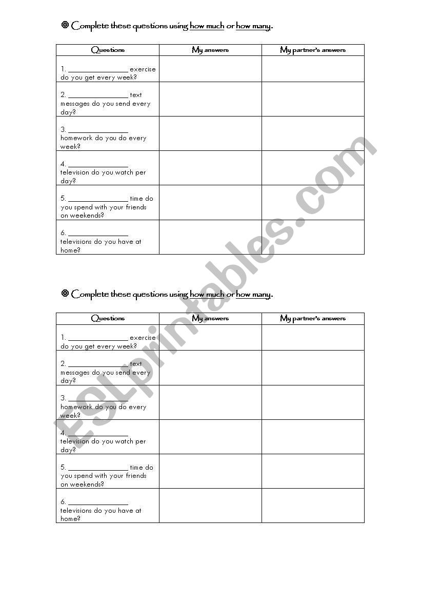 how much - how many worksheet