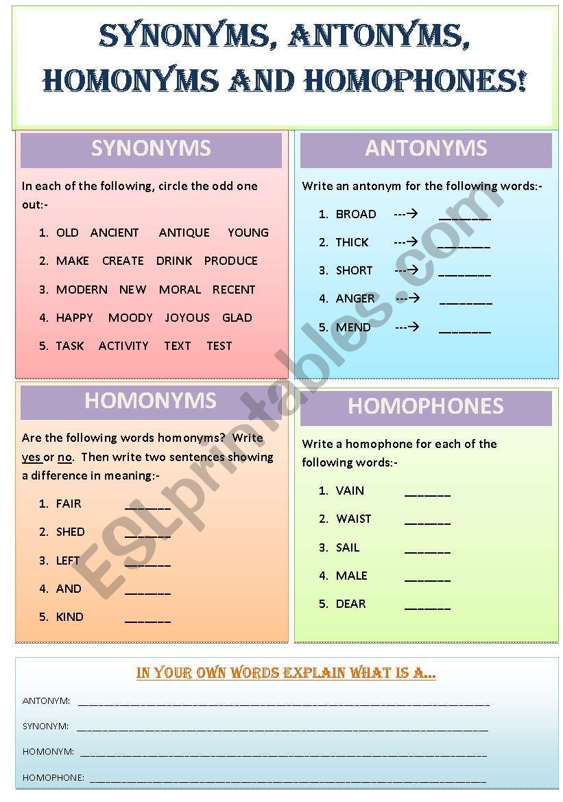 Synonyms Antonyms Homonyms And Homophones Esl Worksheet By Mws1911