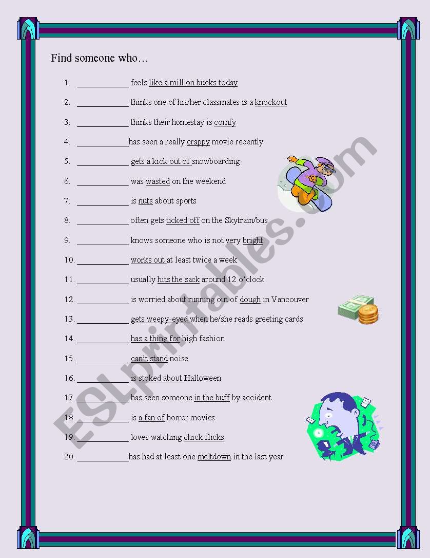 Find Someone Who with idioms worksheet