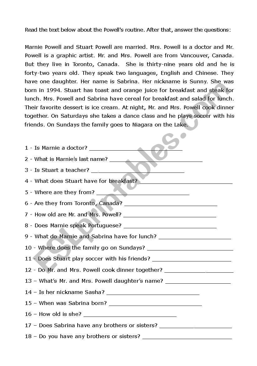 The Powells Routine worksheet