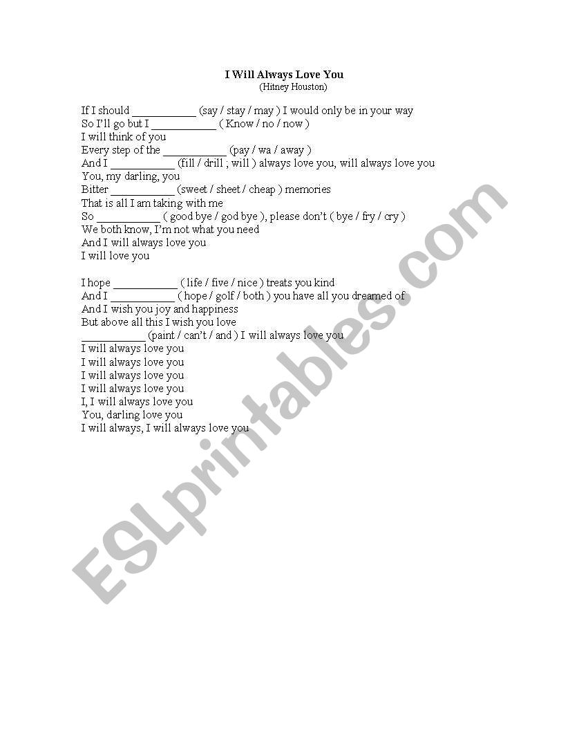 Song I will always love you  worksheet