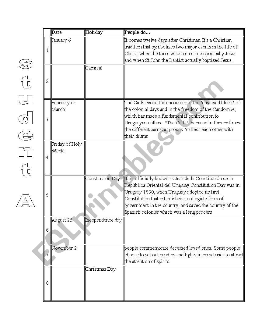 Holidays in Uruguay worksheet