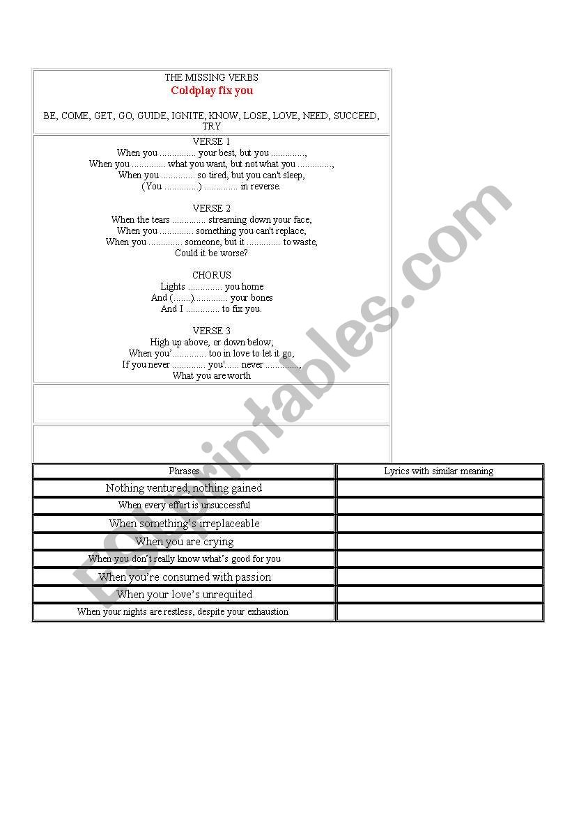 SONG COLD PLAY FIX YOU EXERCISES