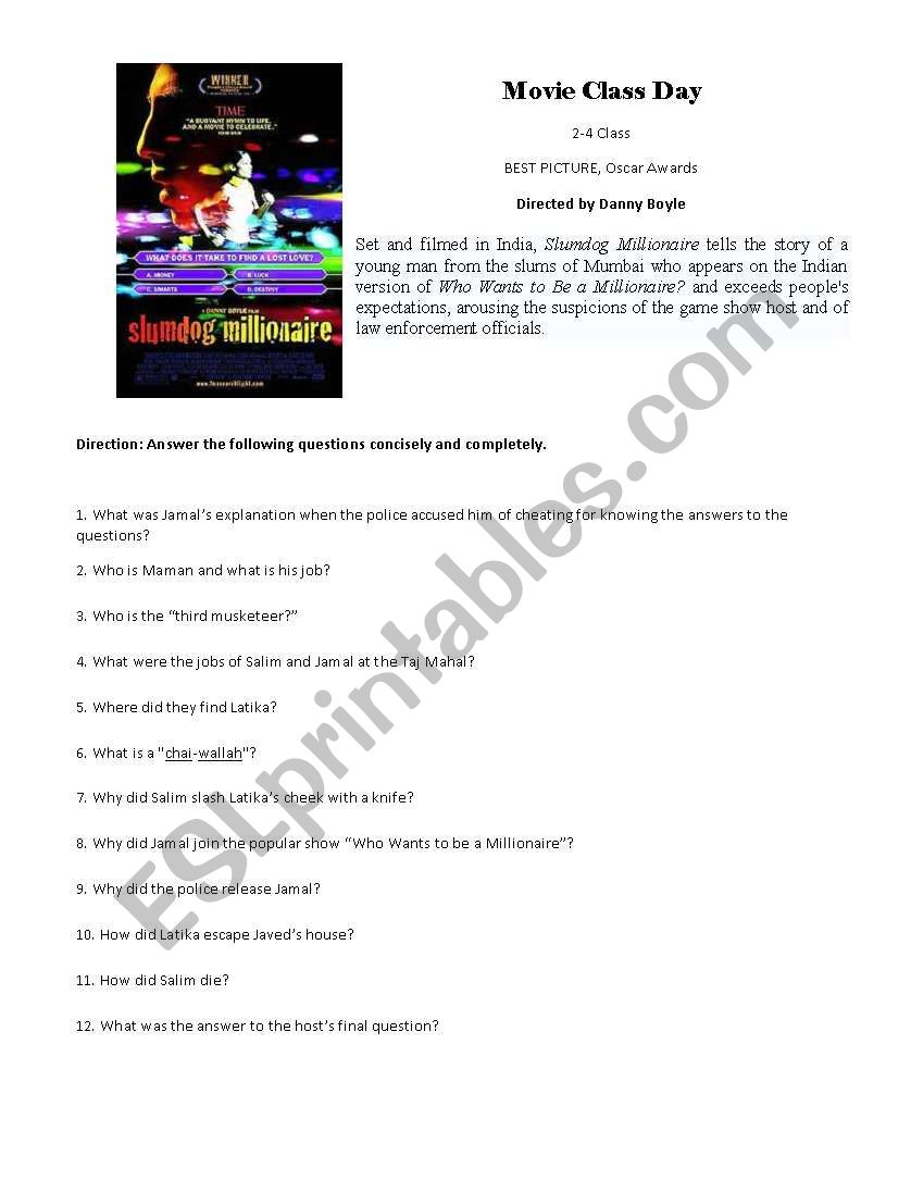 Slumdog Millionaire worksheet