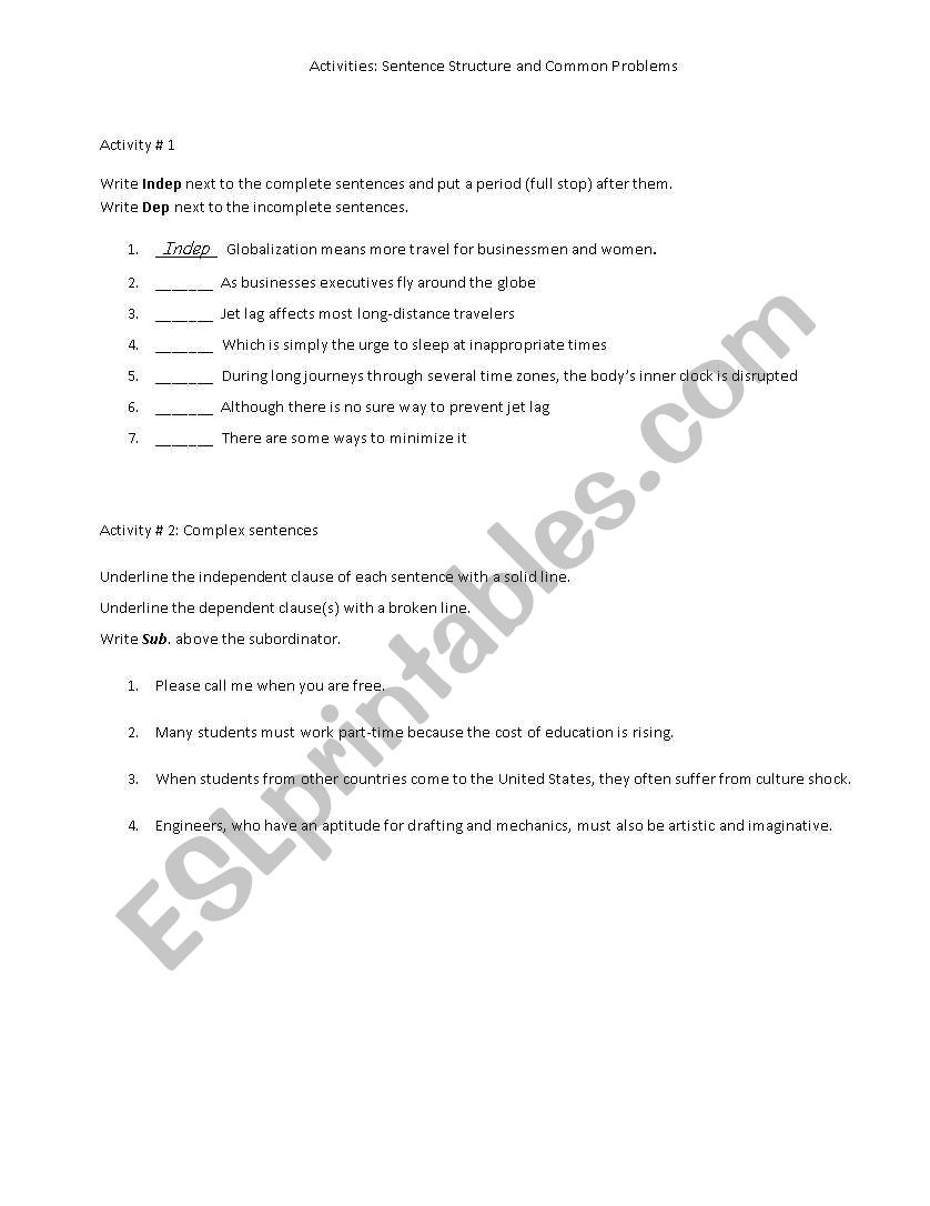 sentence structure worksheet