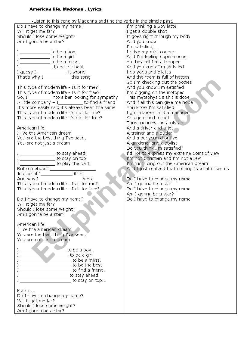 Amercican life by Madona. worksheet