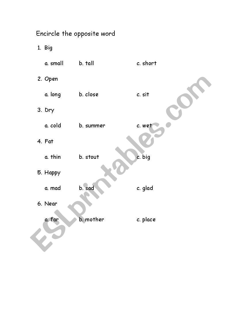 opposites worksheet