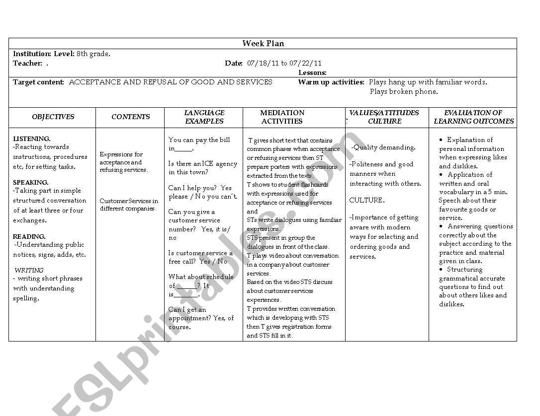 Week plan good and services worksheet