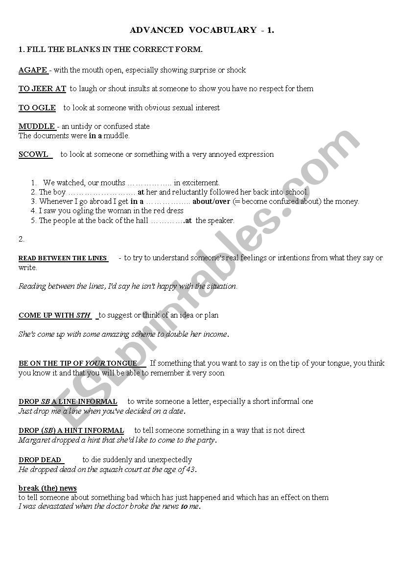 Advanced vocabulary test 1 worksheet