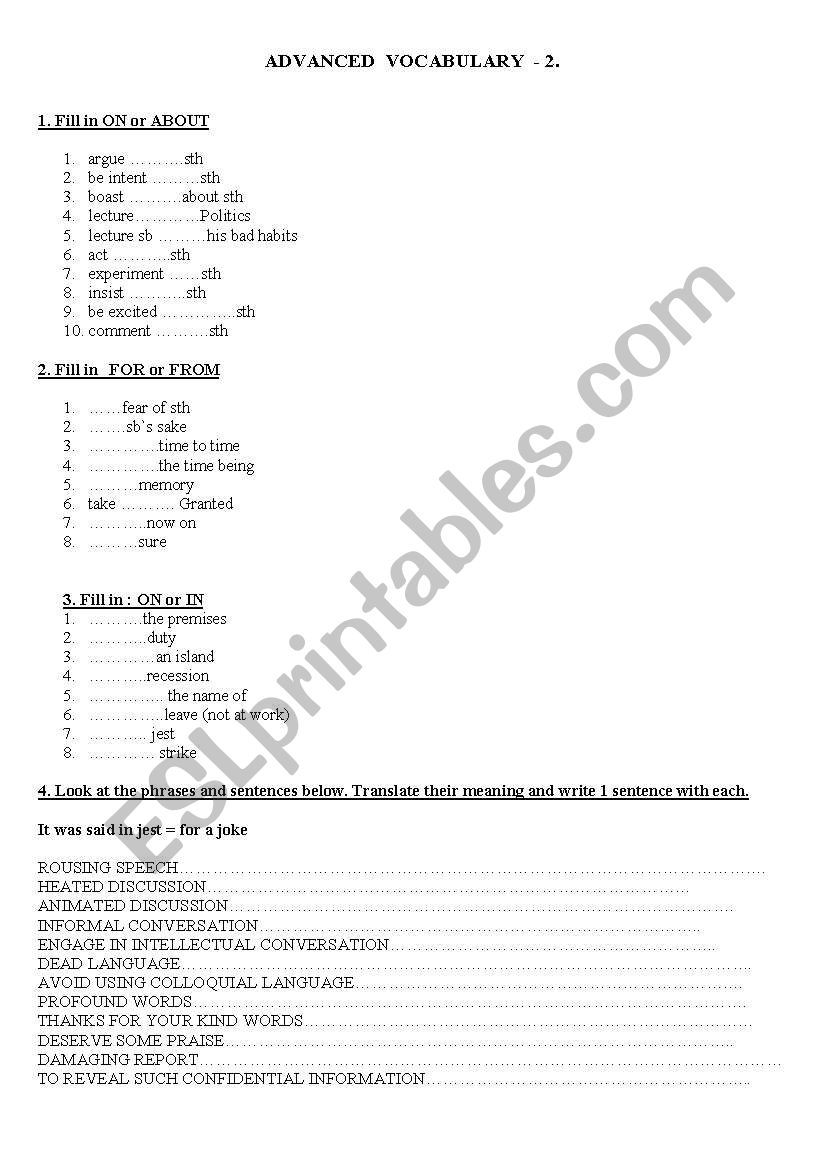 Advanced vocabulary test 2 worksheet