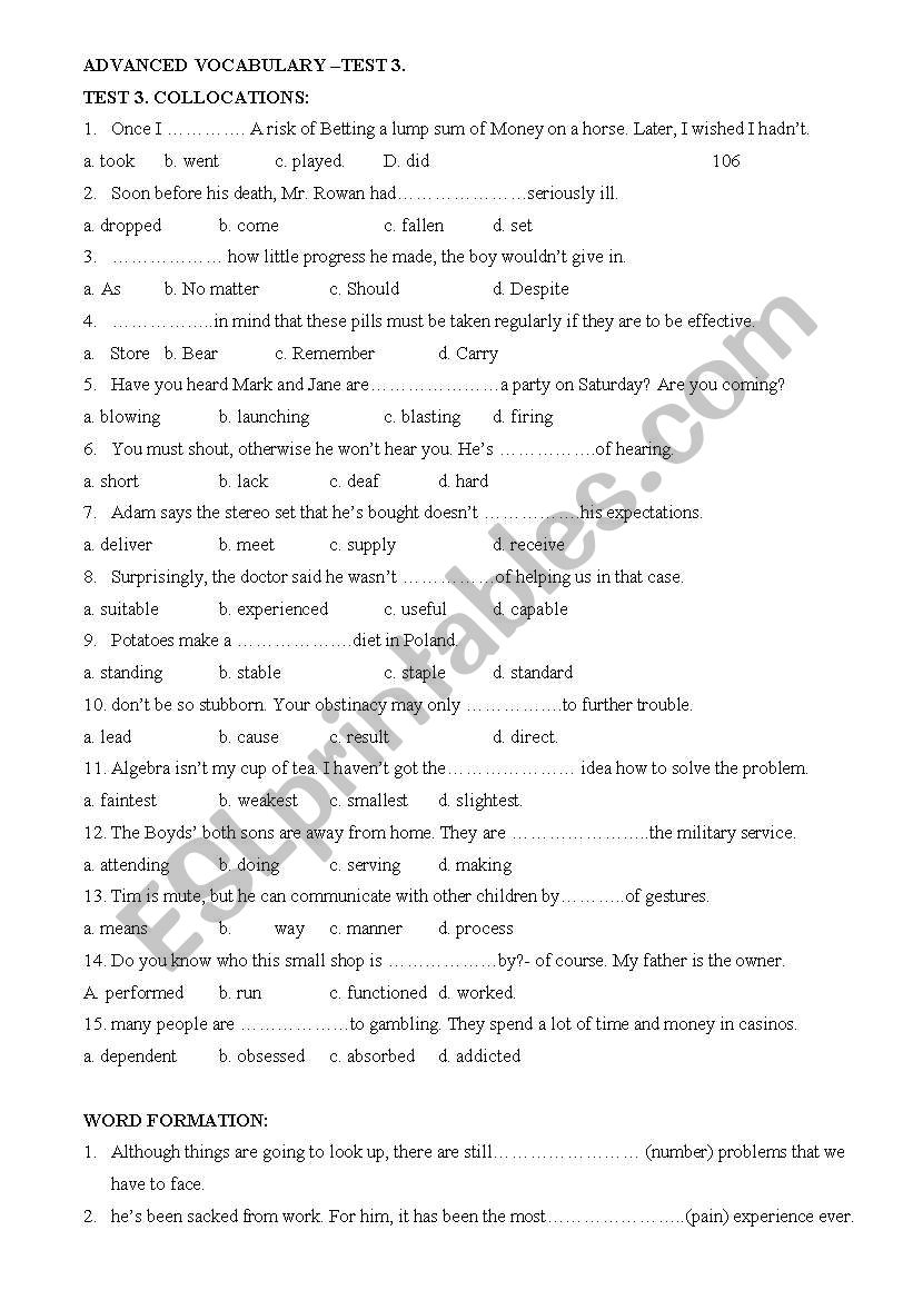 Advanced vocabulary test 3 worksheet