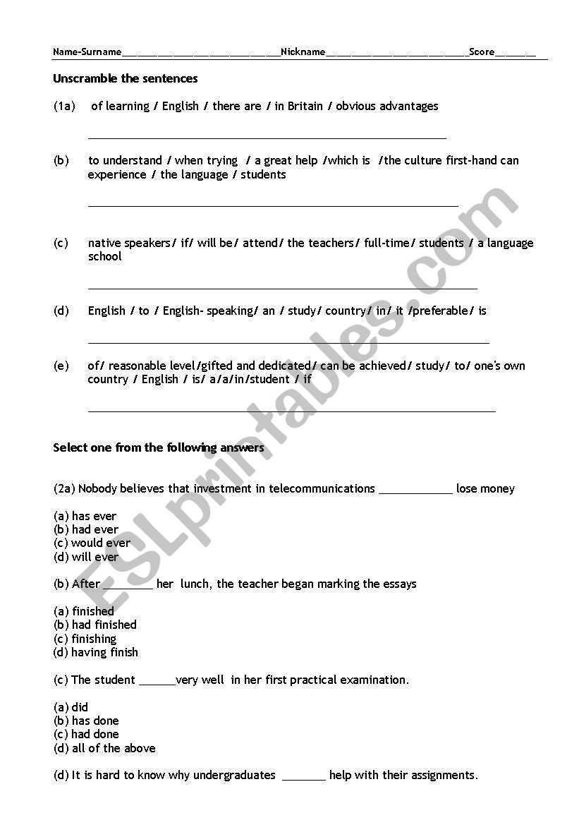 test worksheet