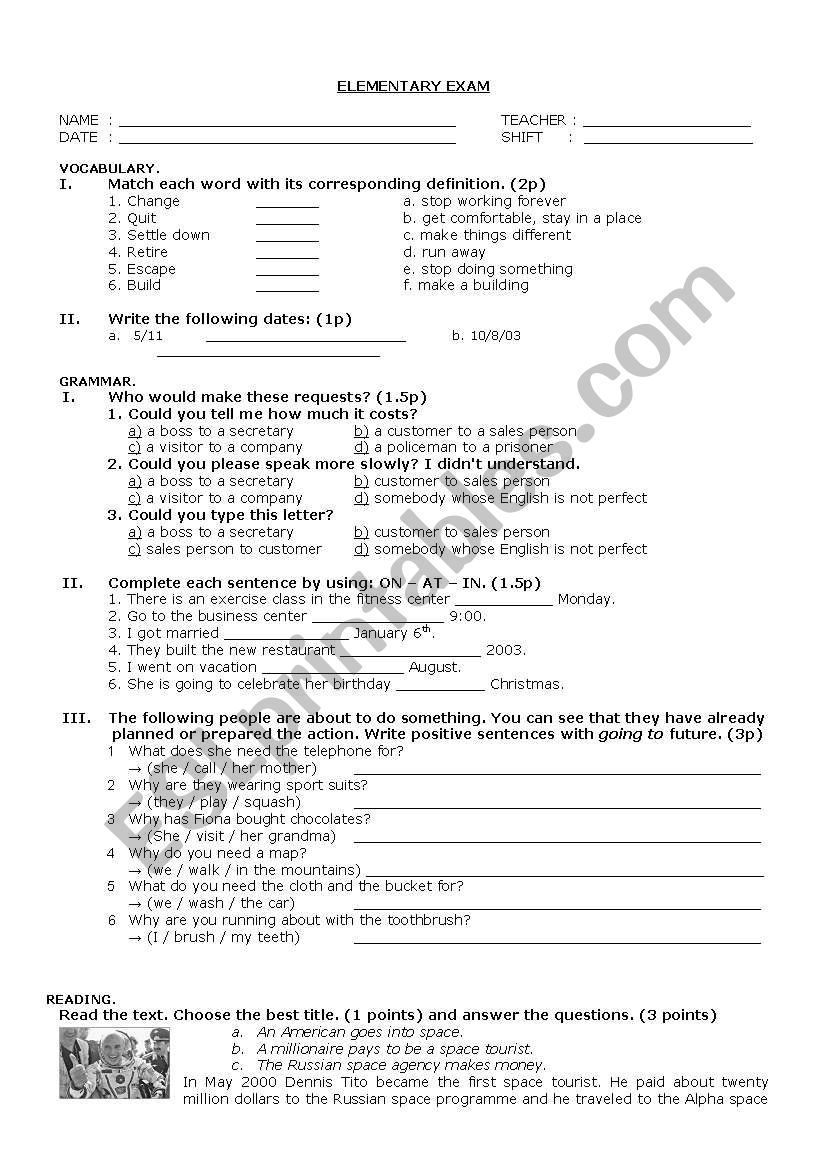 elementary exam worksheet