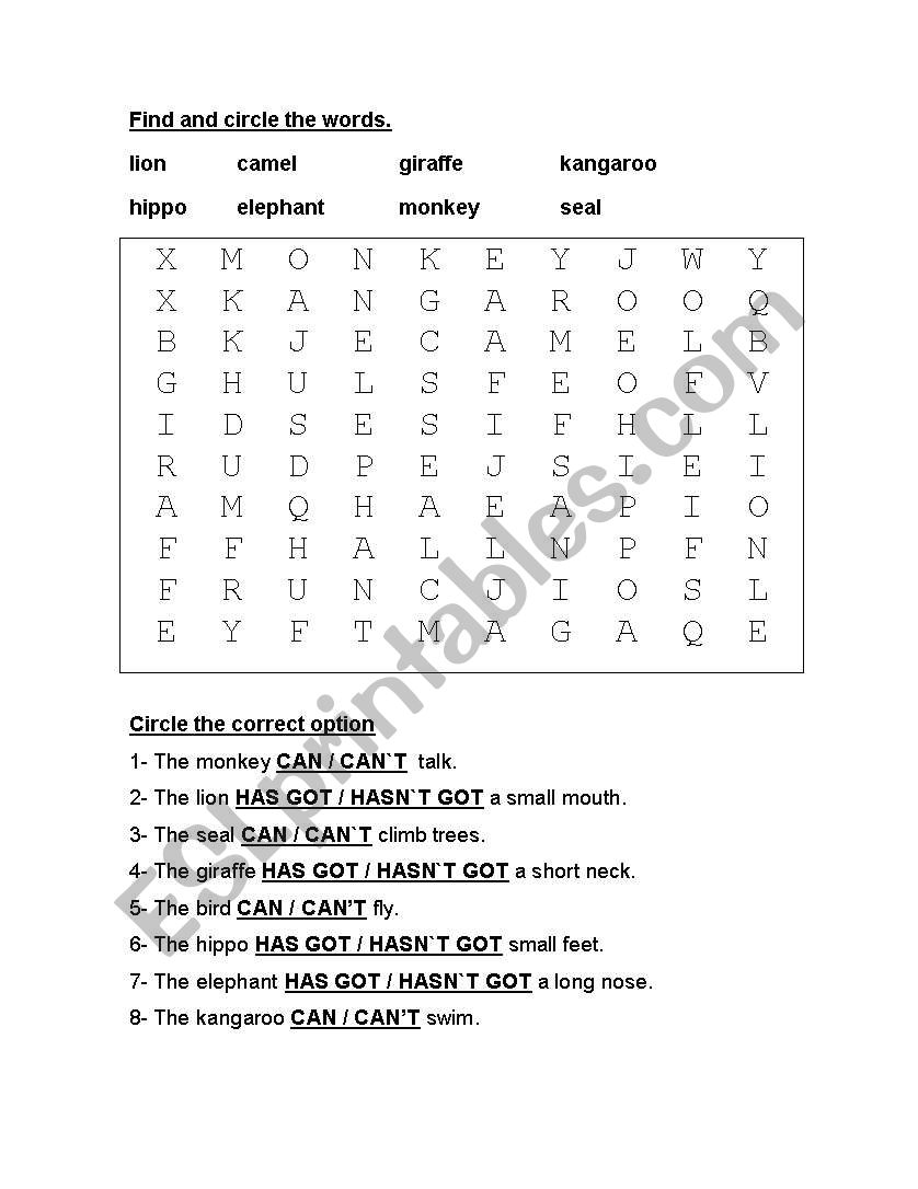 Can/Cant - Animals worksheet