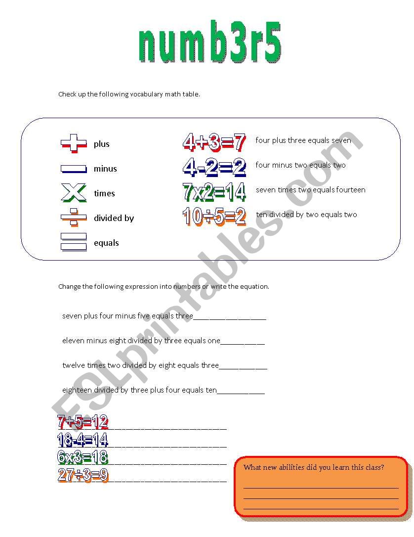 Numbers and maths worksheet