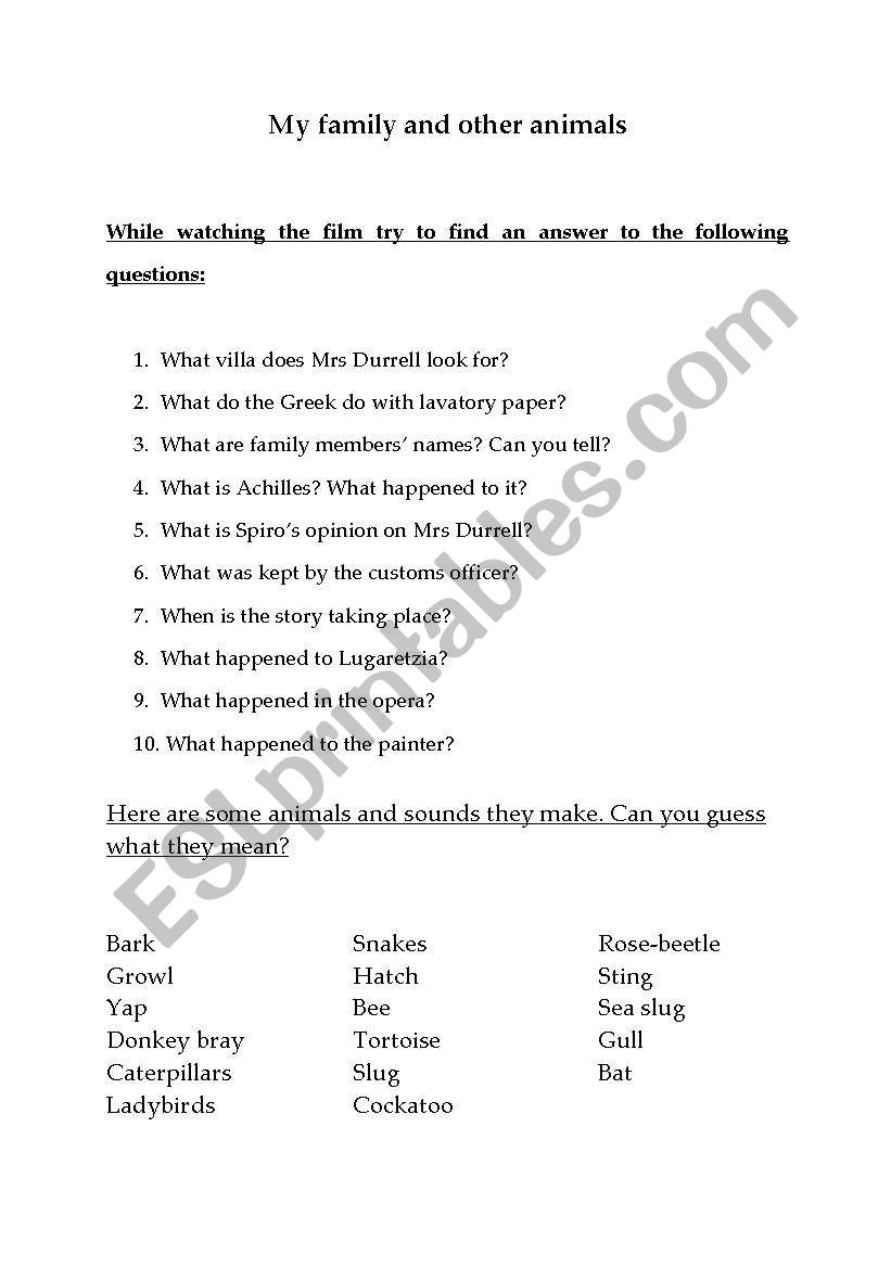 my family and other animals worksheet