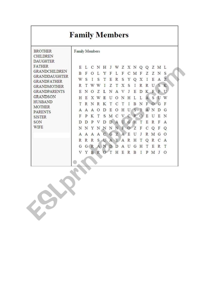 Family members word search worksheet