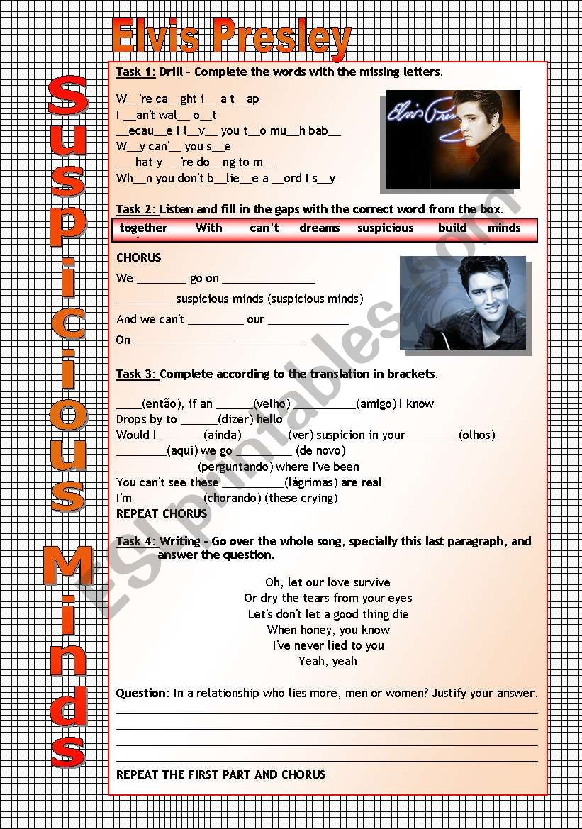 Song Worksheet - Suspicious Minds by Elvis Presley